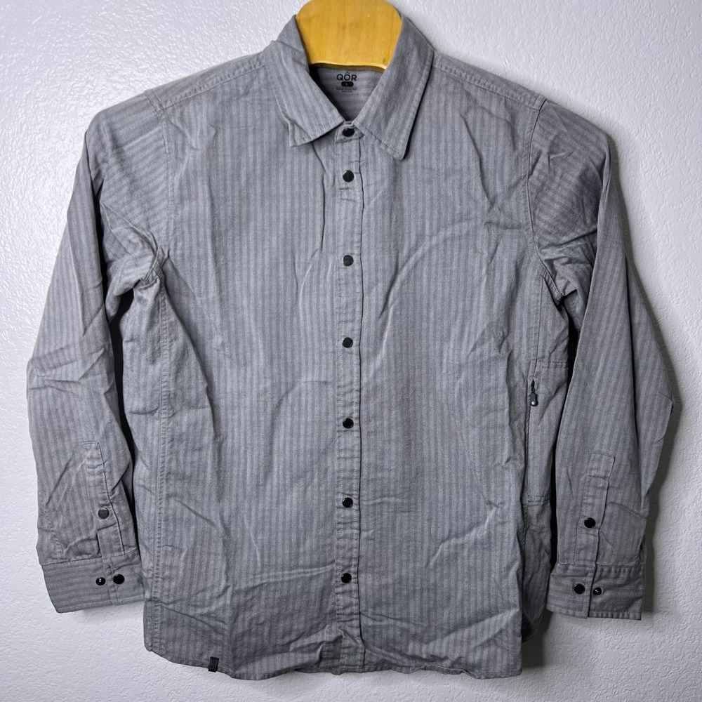 QOR Mens Organic Cotton Merino Wool Herringbone Snap Front Shirt Grey Large - Picture 2 of 10